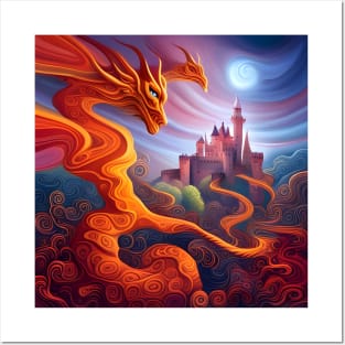 A psychedelic painting of dragons and castles. Posters and Art